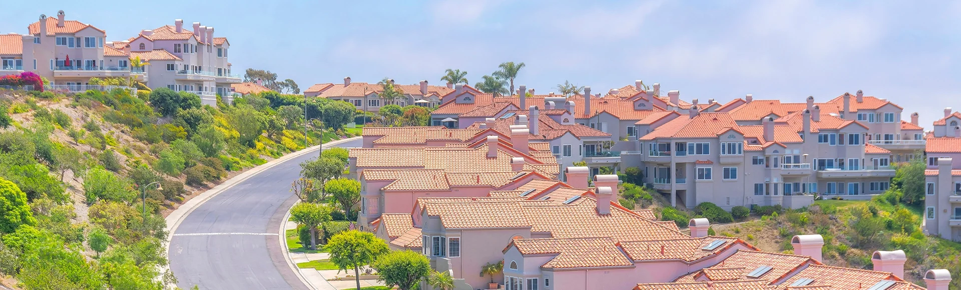 Mountain residential area at Laguna Niguel in California with asphalt road