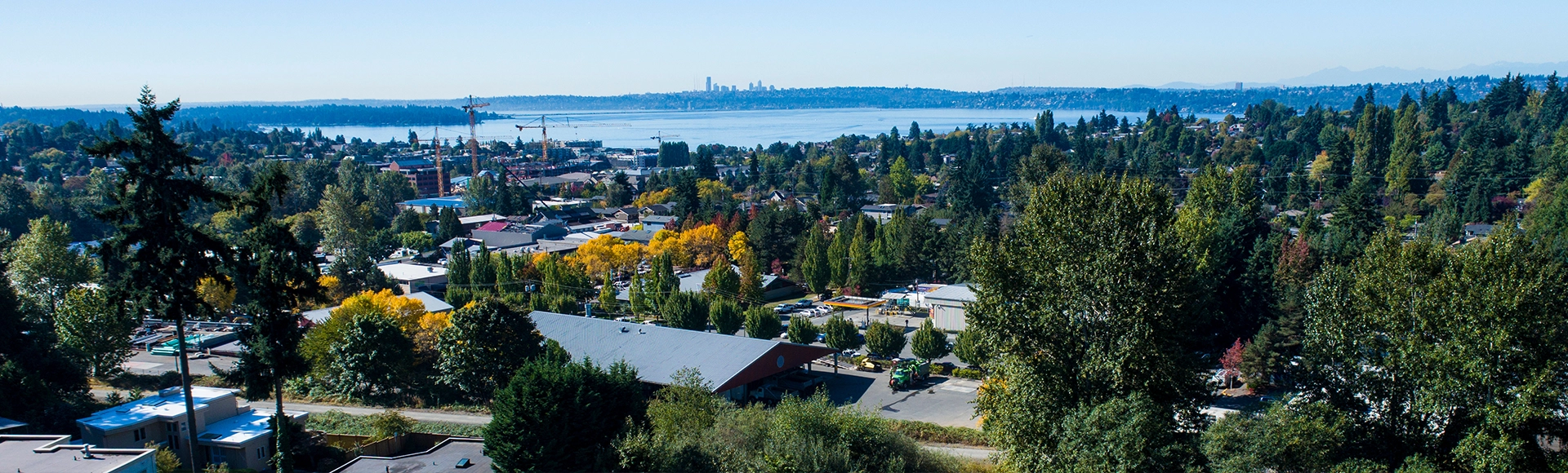 Kirkland, Washington USA Lake Waterfront Aerial View Looking Towards Seattle