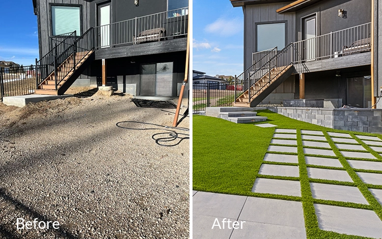 Backyard taken from gravel to gorgeous with System Pavers turf and pavers. 