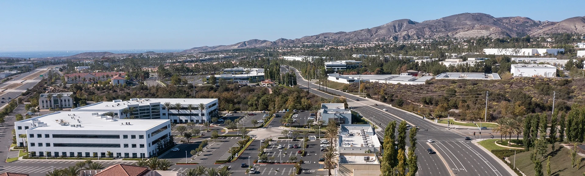 Aerial view of the downtown area of Foothill Ranch in Lake Forest, California, USA.