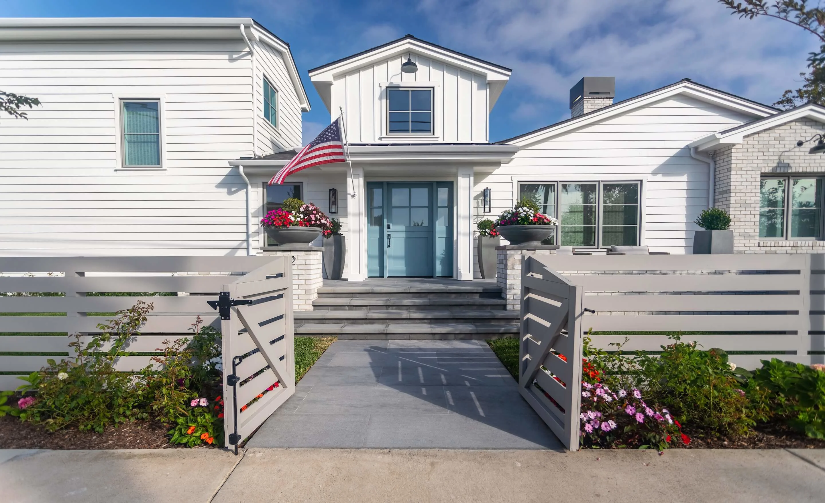 Modern California home with gated entry and paver patio walkway and gorgeous front entry makeover