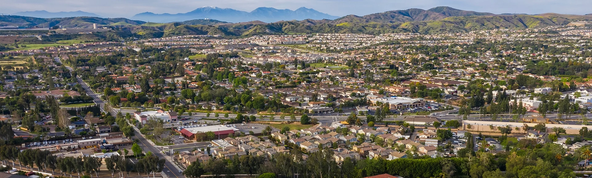 Sunset aerial view of downtown Yorba Linda, California, USA.