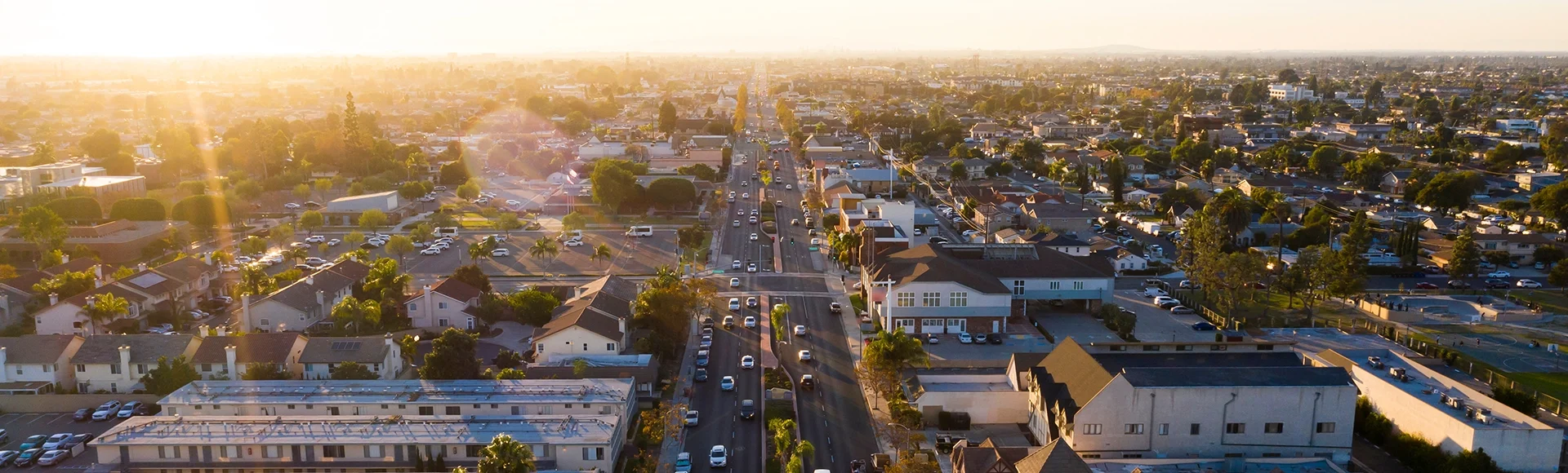Sunset aerial view of the downtown district of Westminster, California, USA.
