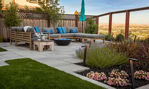 Patio, paver patio, backyard, artificial turf, view, landscape ideas, paving stones, patio furniture, outdoor living space, California, Arizona, universal region, daytime