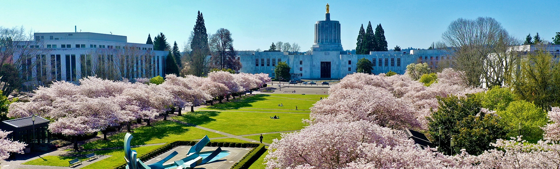 Salem, OR, USA. The Oregon State Capitol viewed from the Capitol Fountain, an outdoor cast bronze fountain and sculpture, on a beautiful spring day during cherry blossom season. 