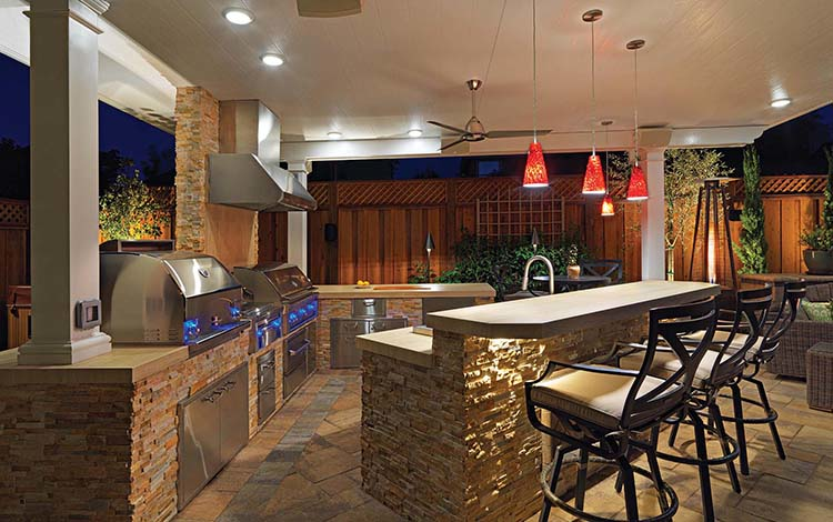Outdoor kitchen with lighting. 