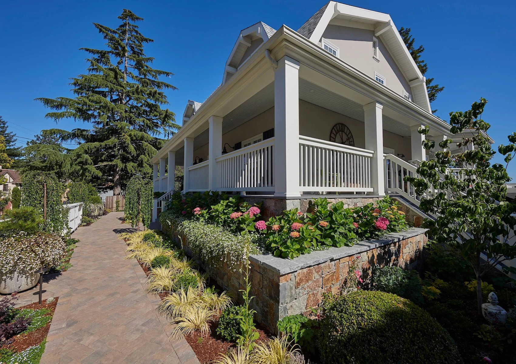 Northern California front yard view with paver walkway and gorgeous landscaping 