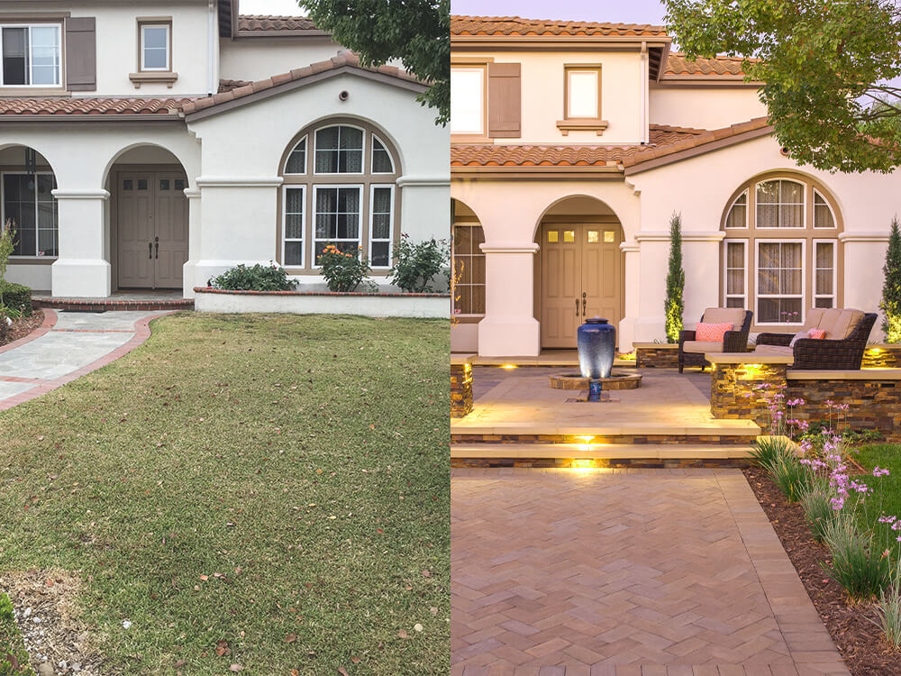 Before and after front walkway - left is dying grass and concrete, right is interlocking paving stones and lighting