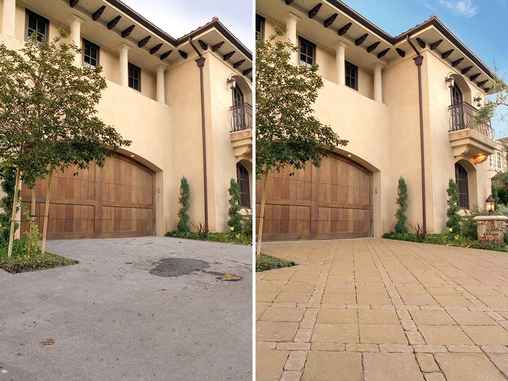 Before and after driveway, from cracked and stained to elegance. 