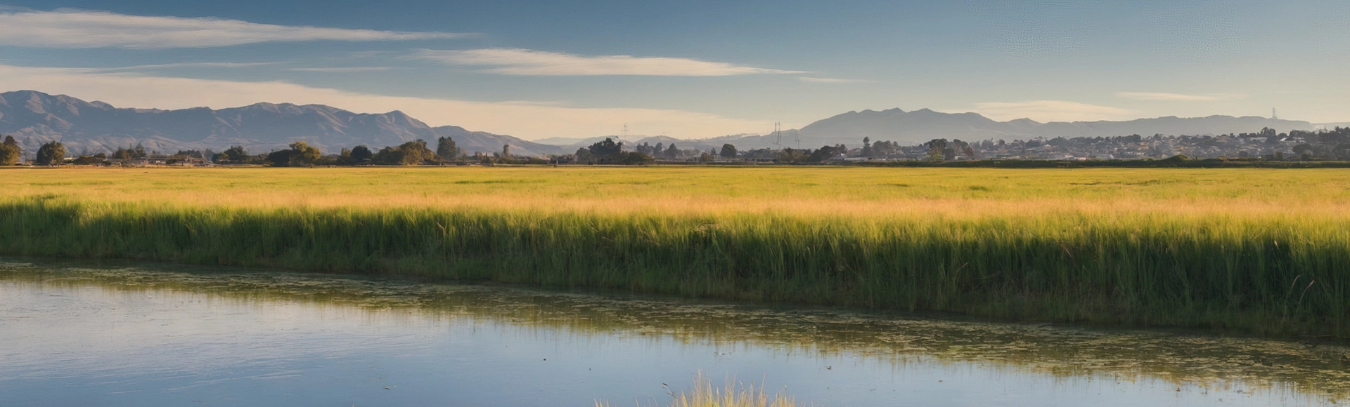 A vibrant and panoramic view of the Baylands Park in Sunnyvale, California, showcasing the colorful landscape, electric blue sky, and the contrast of nature in the heart of Silicon Valley.