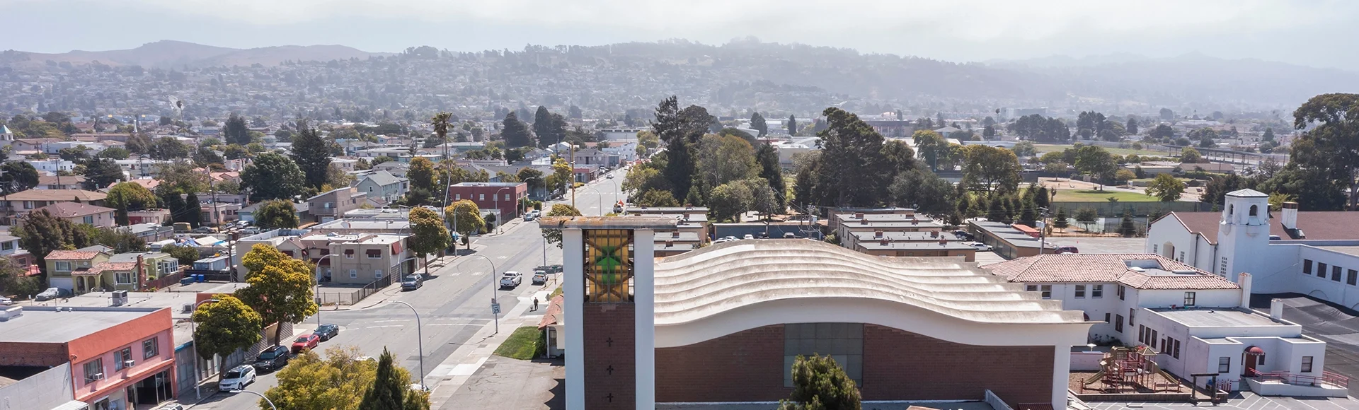 Daytime aerial view of the downtown Bay Area city of Richmond, California, USA.