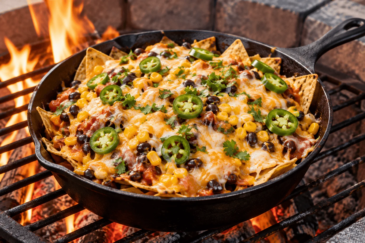 Sizzling fire pit and skillet nachos with cheese and jalapeños 
