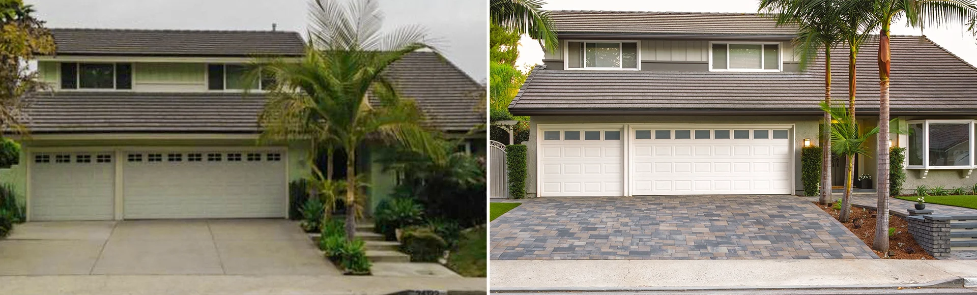 Before and after a driveway renovation. From concrete to beautiful pavers.