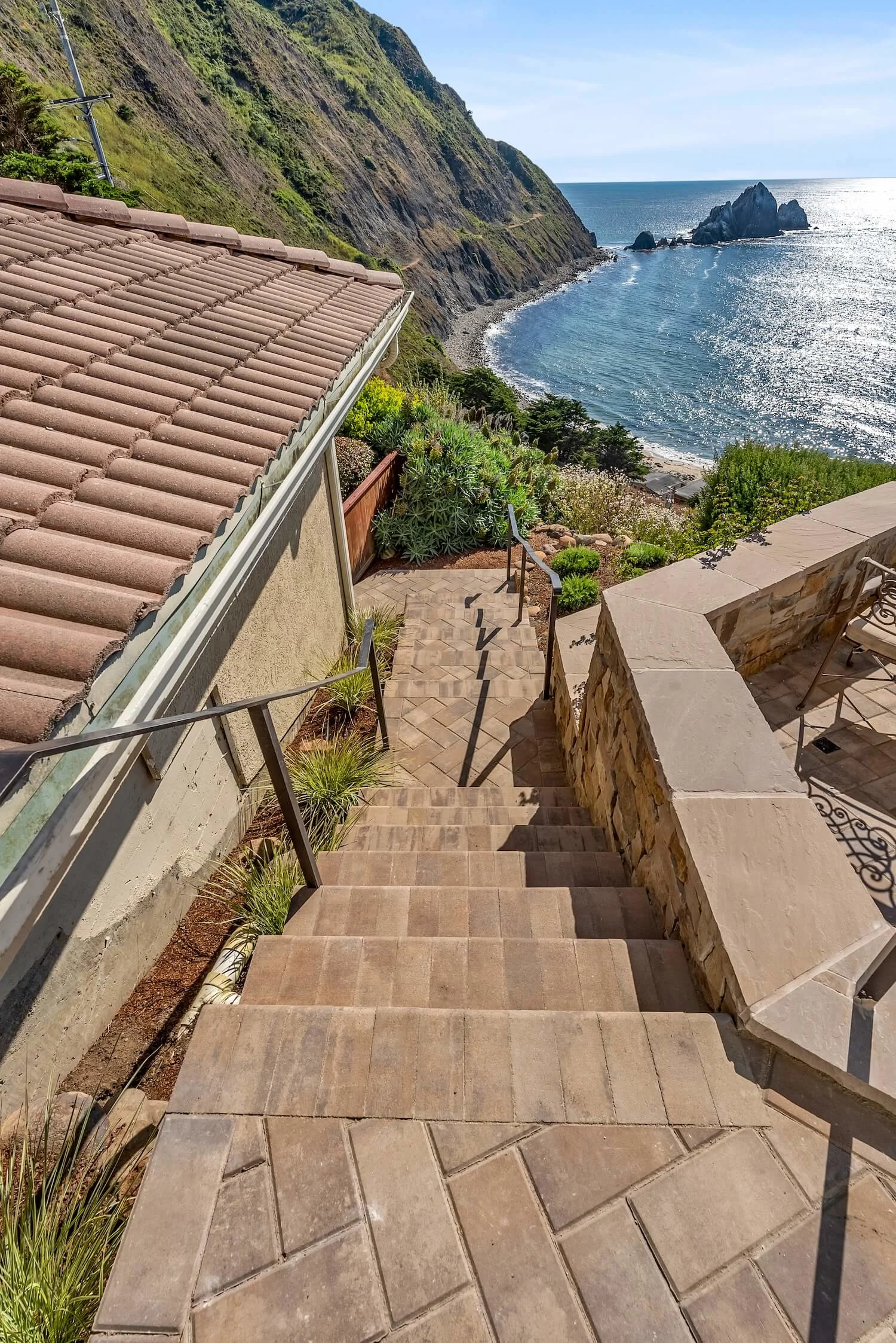 Seaside staircase made of paving stones on California coast