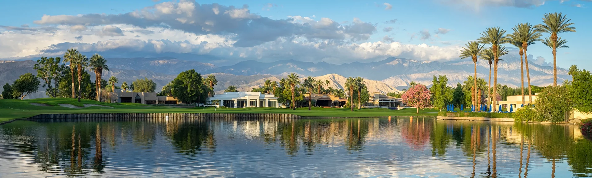 View of water features on a golf course in Palm Desert, CA.Palm Desert and Palm Springs are popular golf destinations.