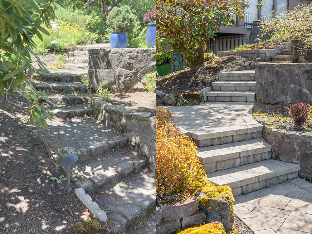 Before and after stone stairs, left are crumbling and the right are new stone stairway