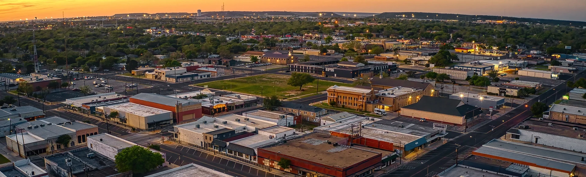Aerial View of Downtown Killeen, Texas at Sunset in Spring
