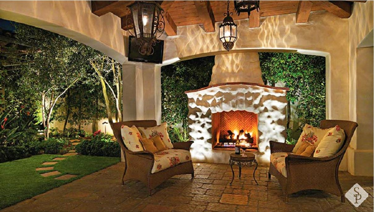 outdoor fireplace under pergola
