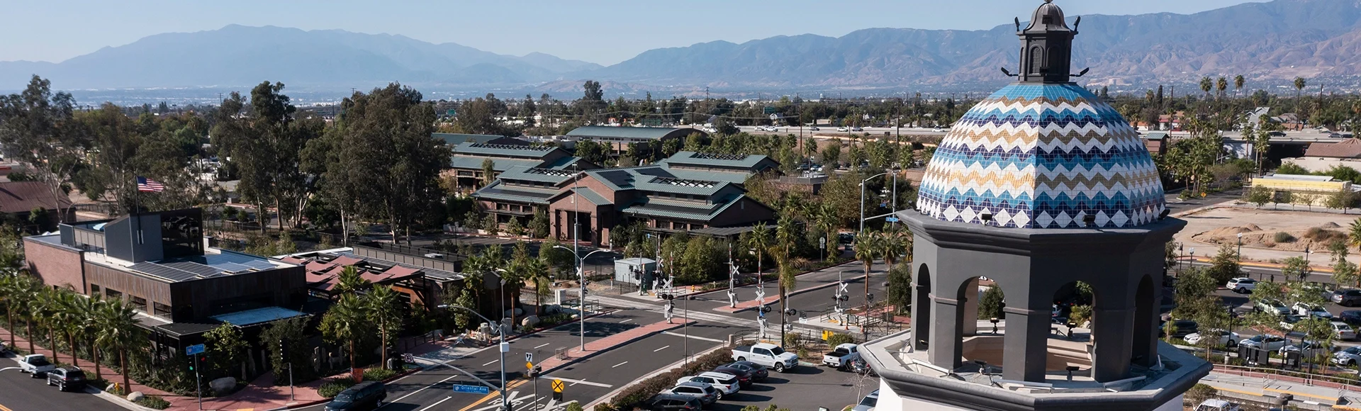 Daytime aerial view of downtown Redlands, California, USA.