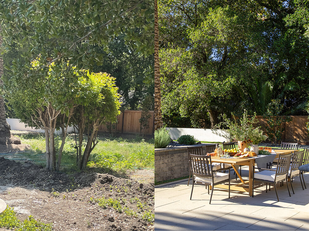 Before and after lawn. Left is bush and dirt, right is a paving stone patio with table and chair in addition to a stone planter box