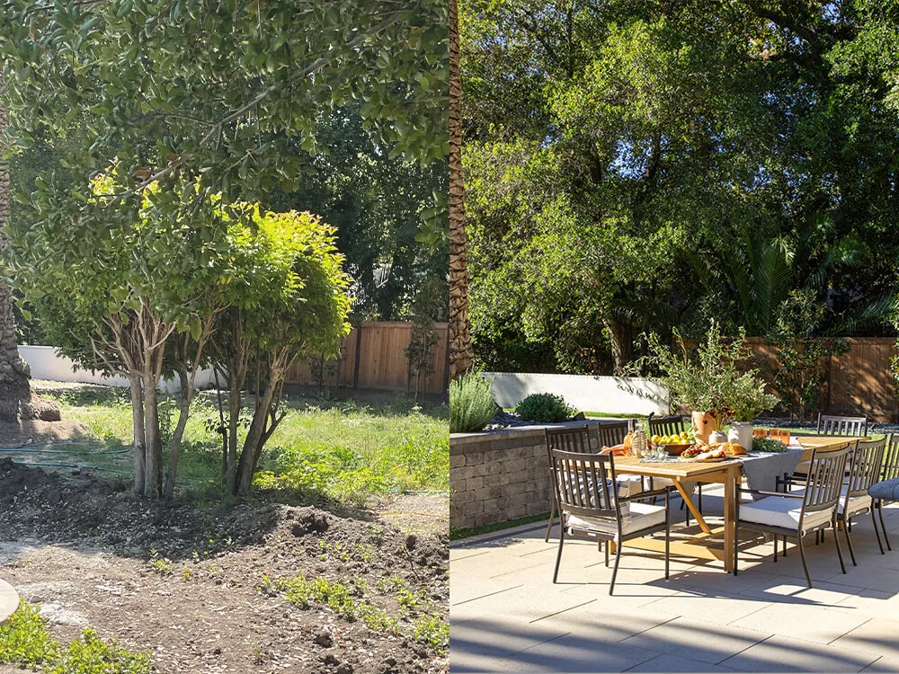 Before and after lawn- from bushes and dirt to paving stone patio.
