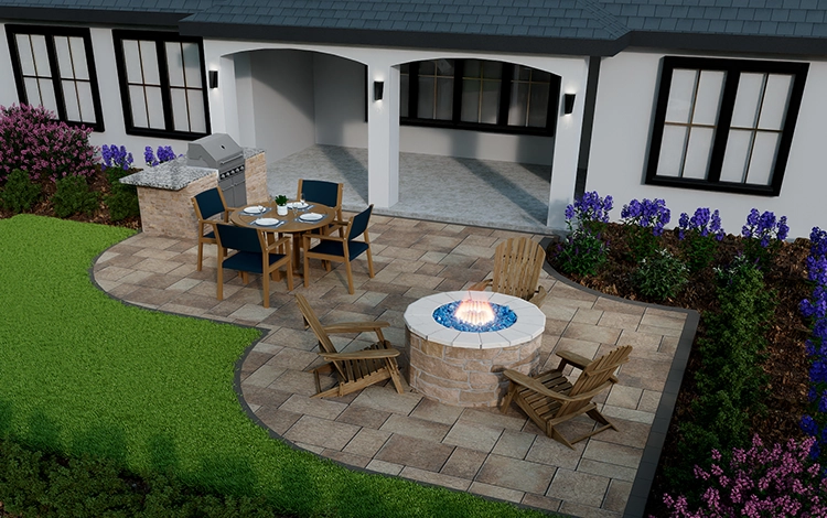 Mock of a paver patio, fire pit, kitchen and artificial turf