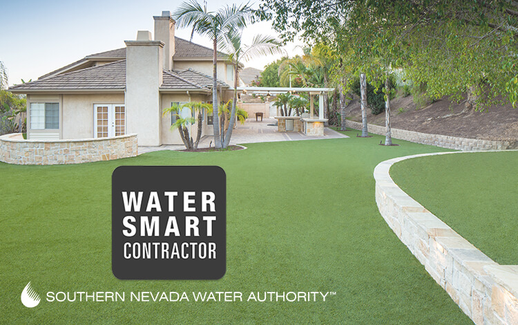 Artificial lawn with Water Smart Contractor logo