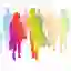 Young couple walking through a crowd of people, rainbow silhouettes