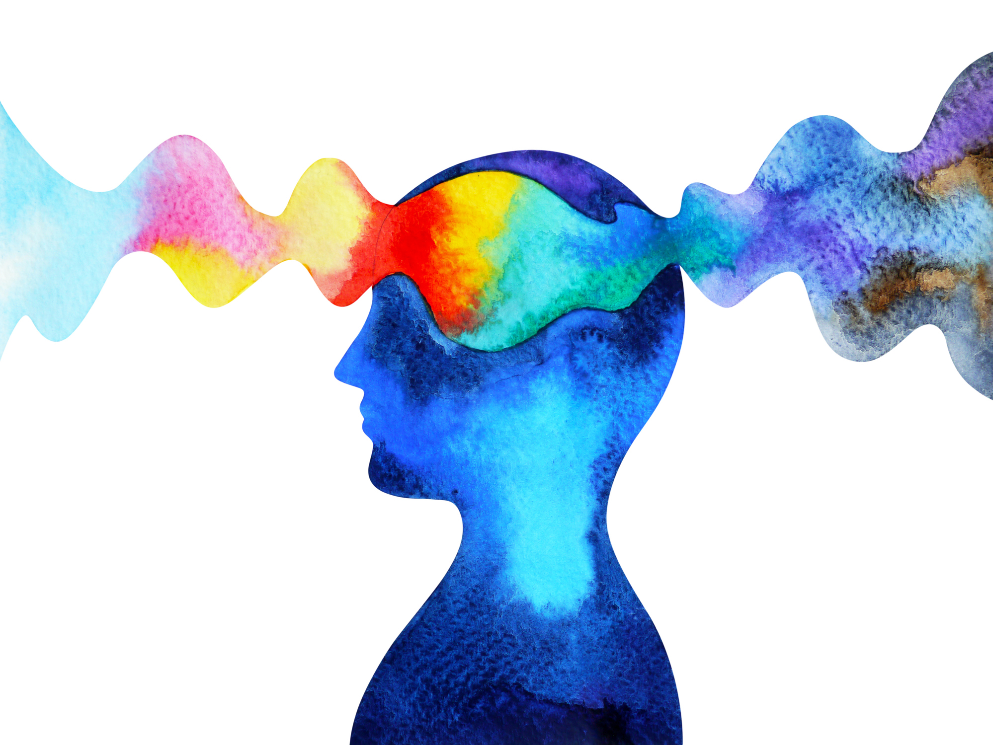  Illustration of a person with a glowing head in the shape of a brain, emitting waves of positive energy in a rainbow of colors.