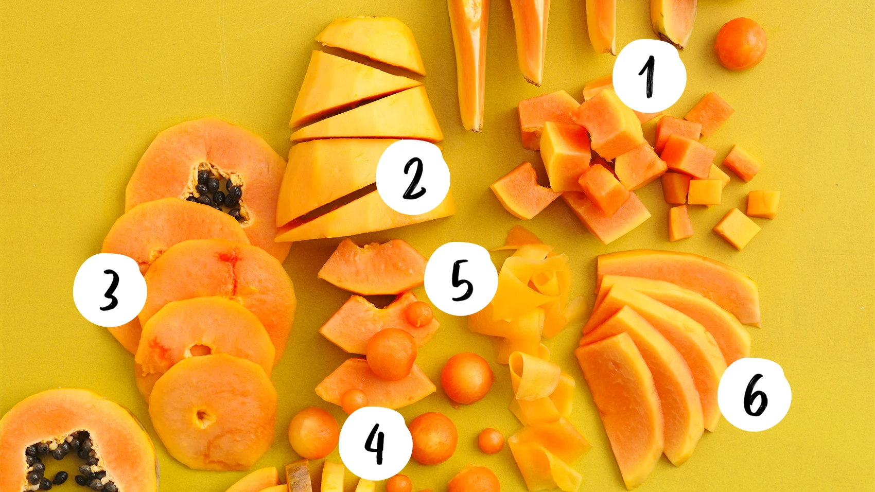 Schnitttechniken Papaya mit Nummerierung
