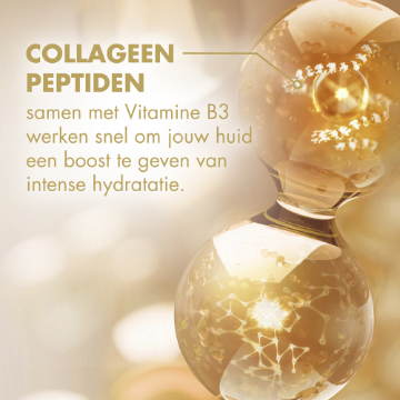 Gouden kunstwerk met de inscriptie: Collagen peptiden samen met Vitamine B3 werken snel om jouw huid een boost te geven van intense hydratatie.