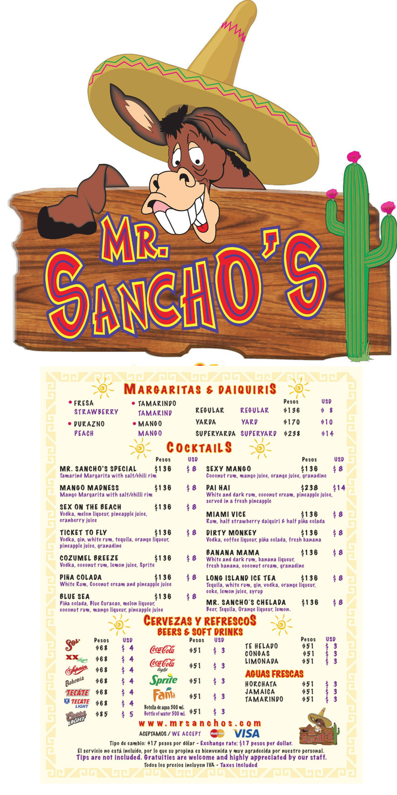 Mr Sanchos Menu 2021 All Inclusive & Pay As You Go Food & Drink Lists