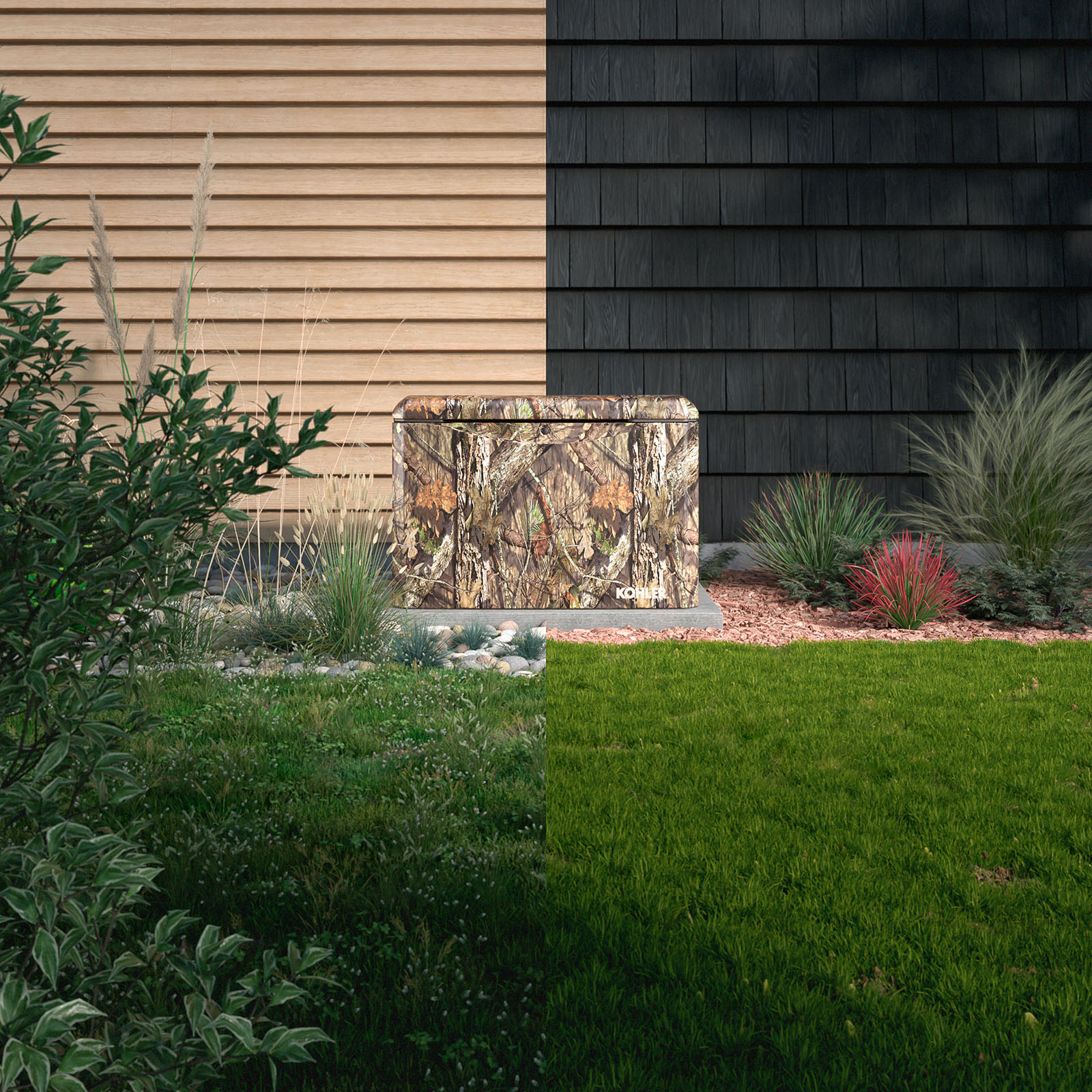 Image of a camouflage colored Kohler Home Generator outside of a house standing on a cement base in a pebble area with a lawn shrubs and flowers surrounding it