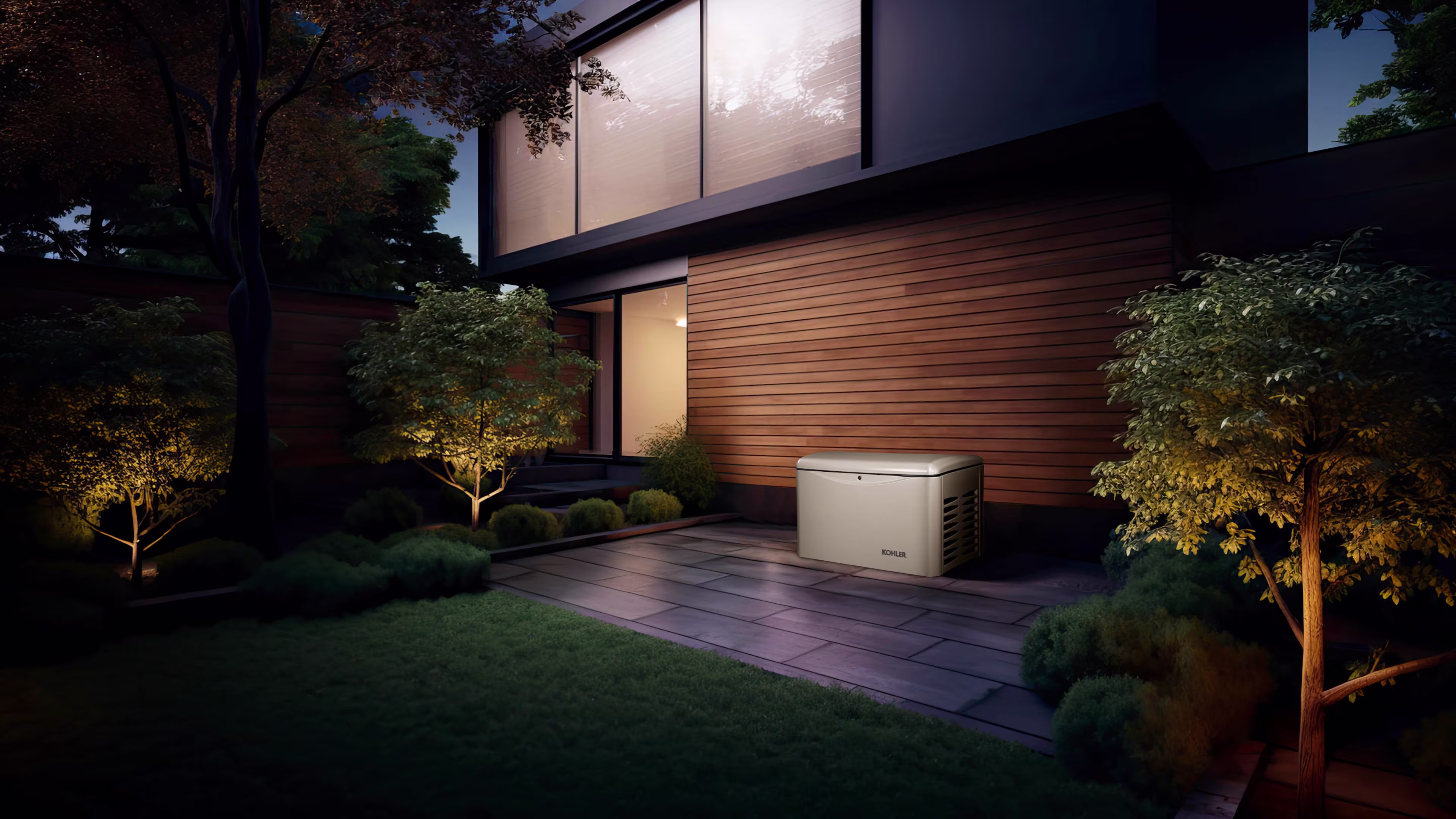 Home generator installed outside a two story home in a dark lifestyle scene.