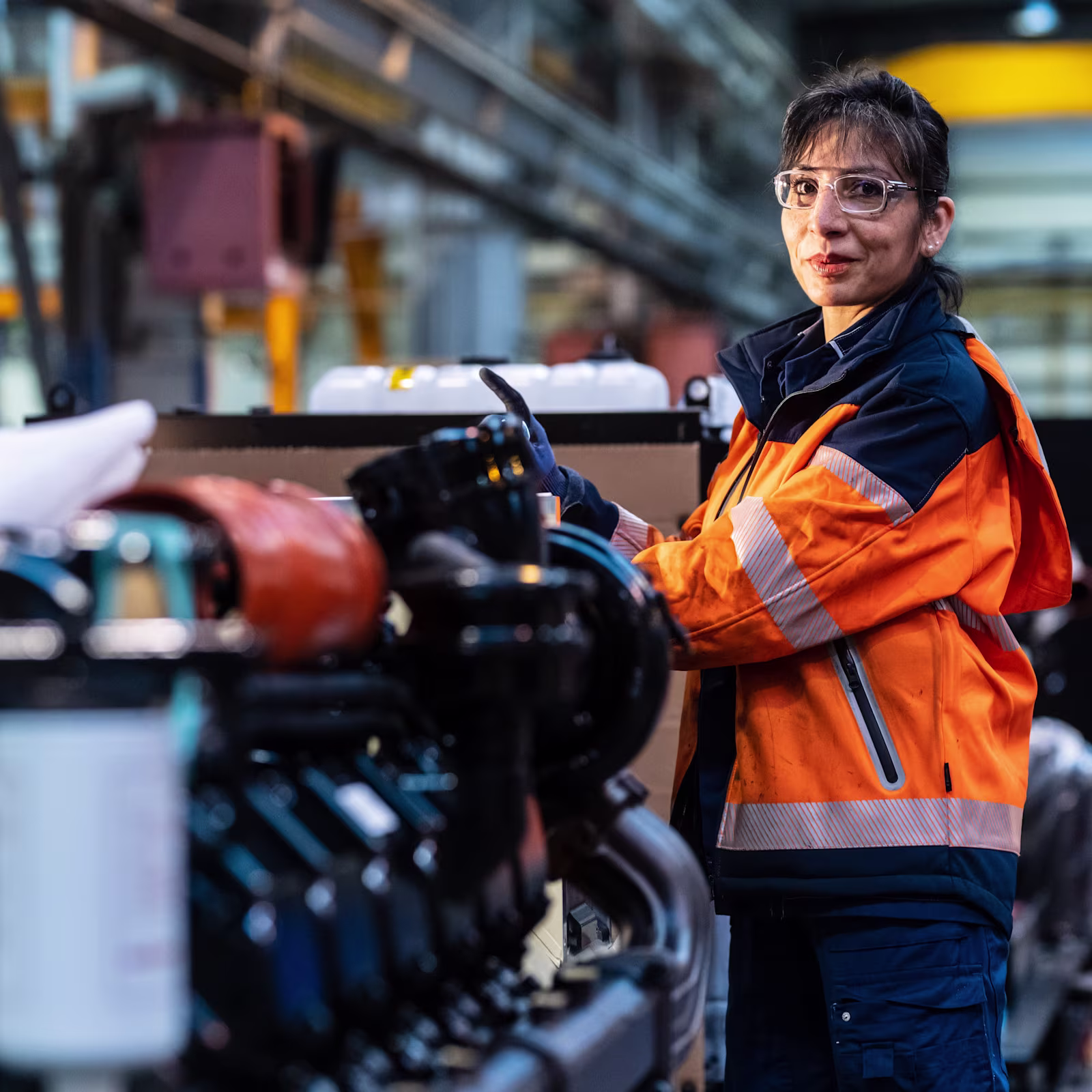Woman in orange safety jacket in front of an equipment.