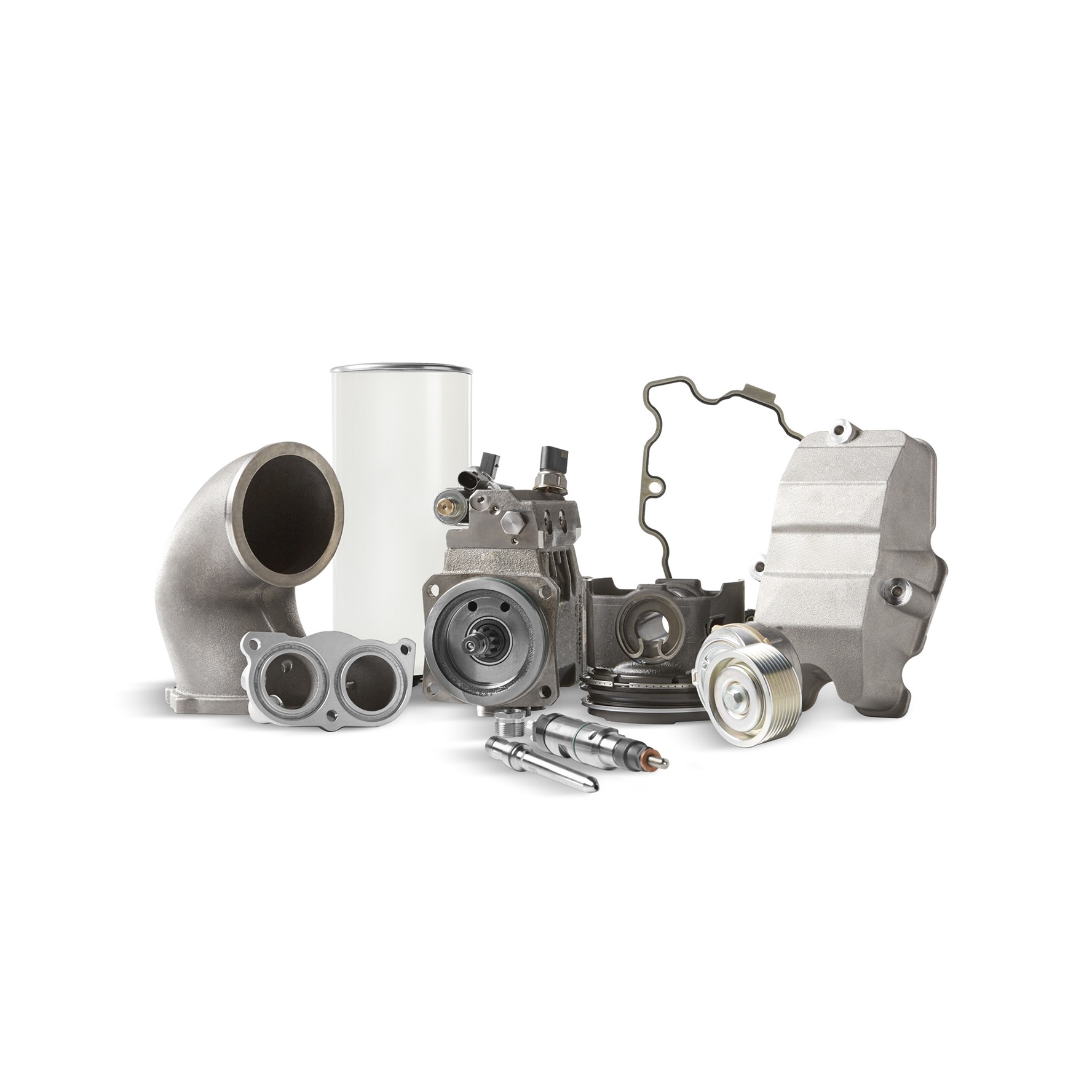 Various mechanical parts neatly arranged together on a white background for display.