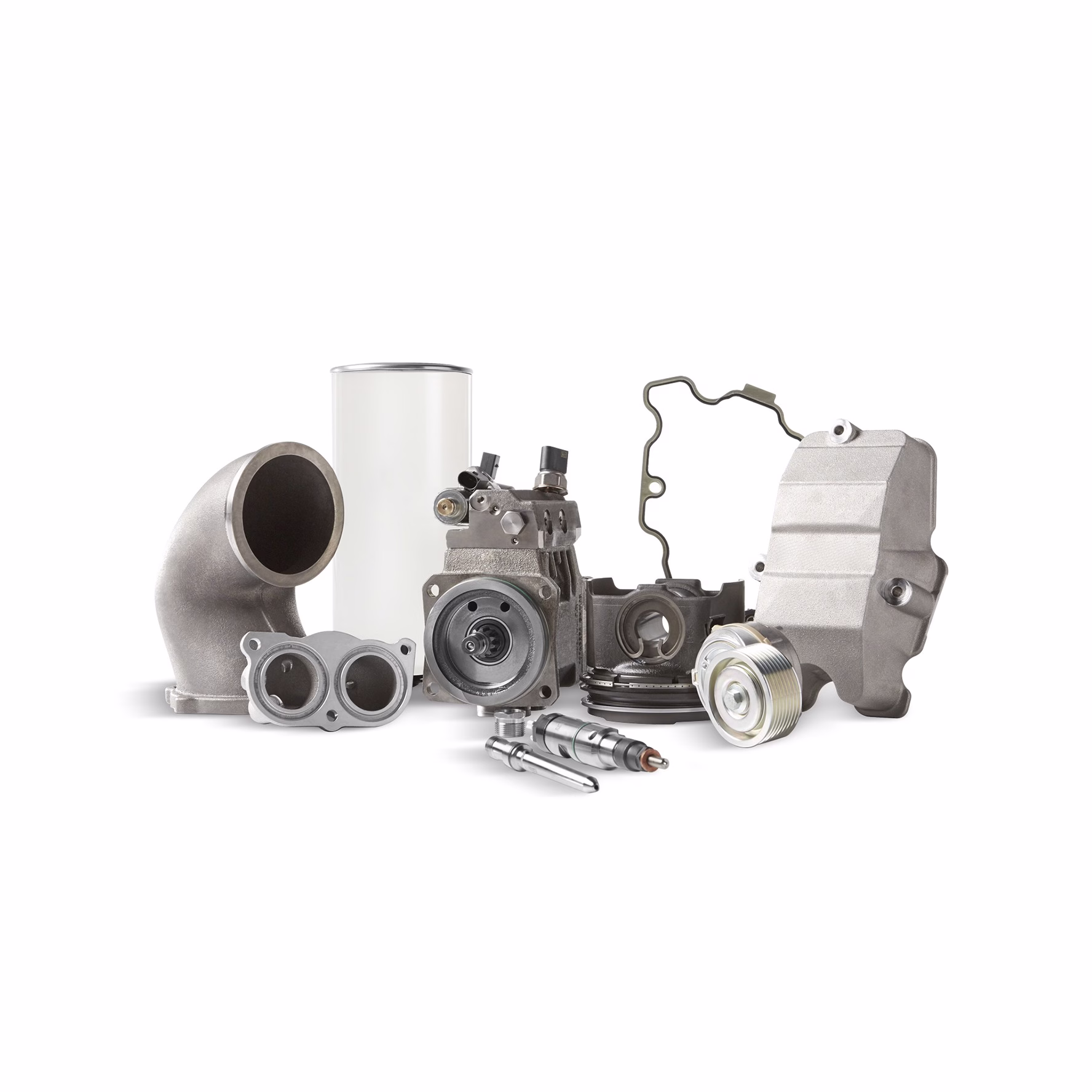 Various mechanical parts neatly arranged together on a white background for display.
