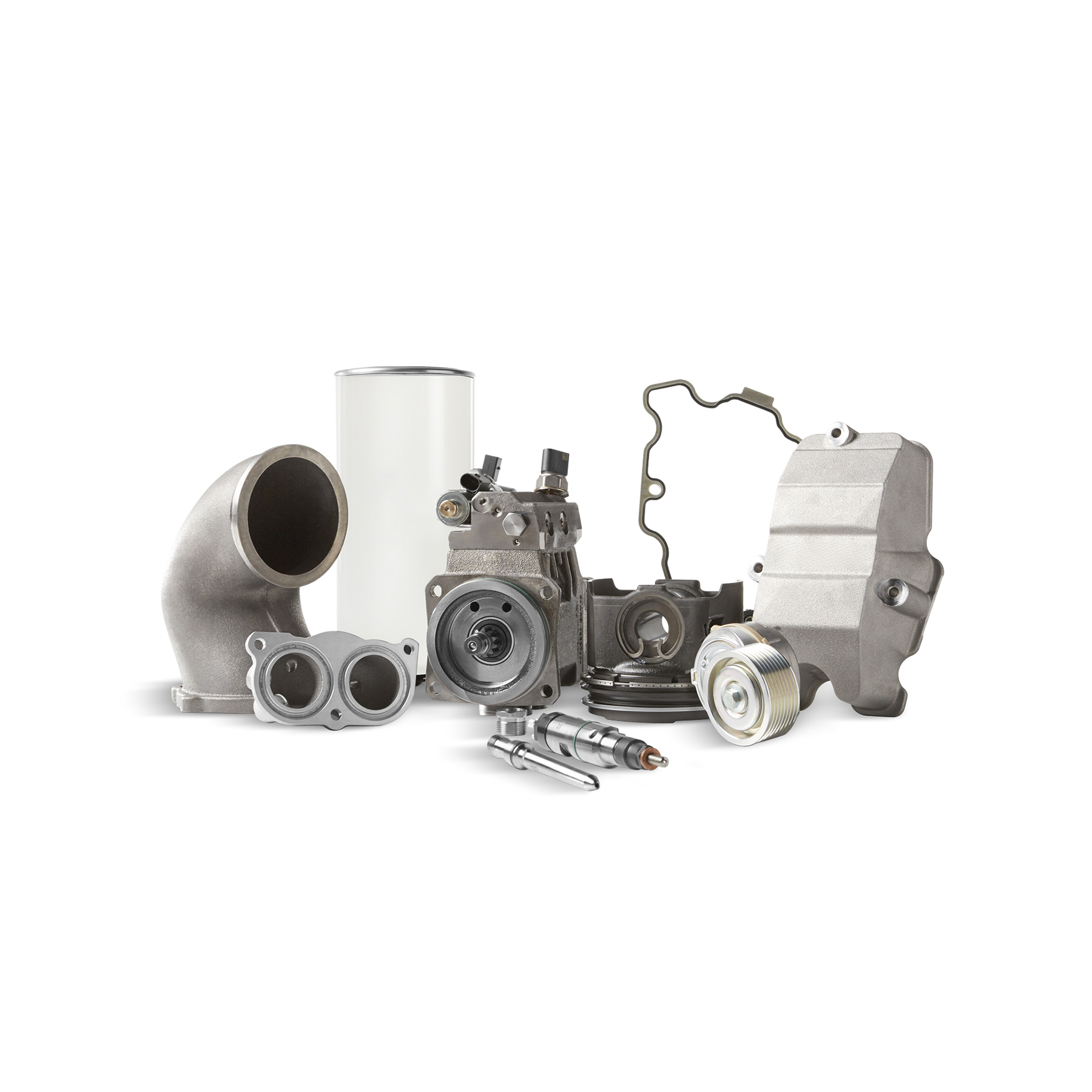 Various mechanical parts neatly arranged together on a white background for display.