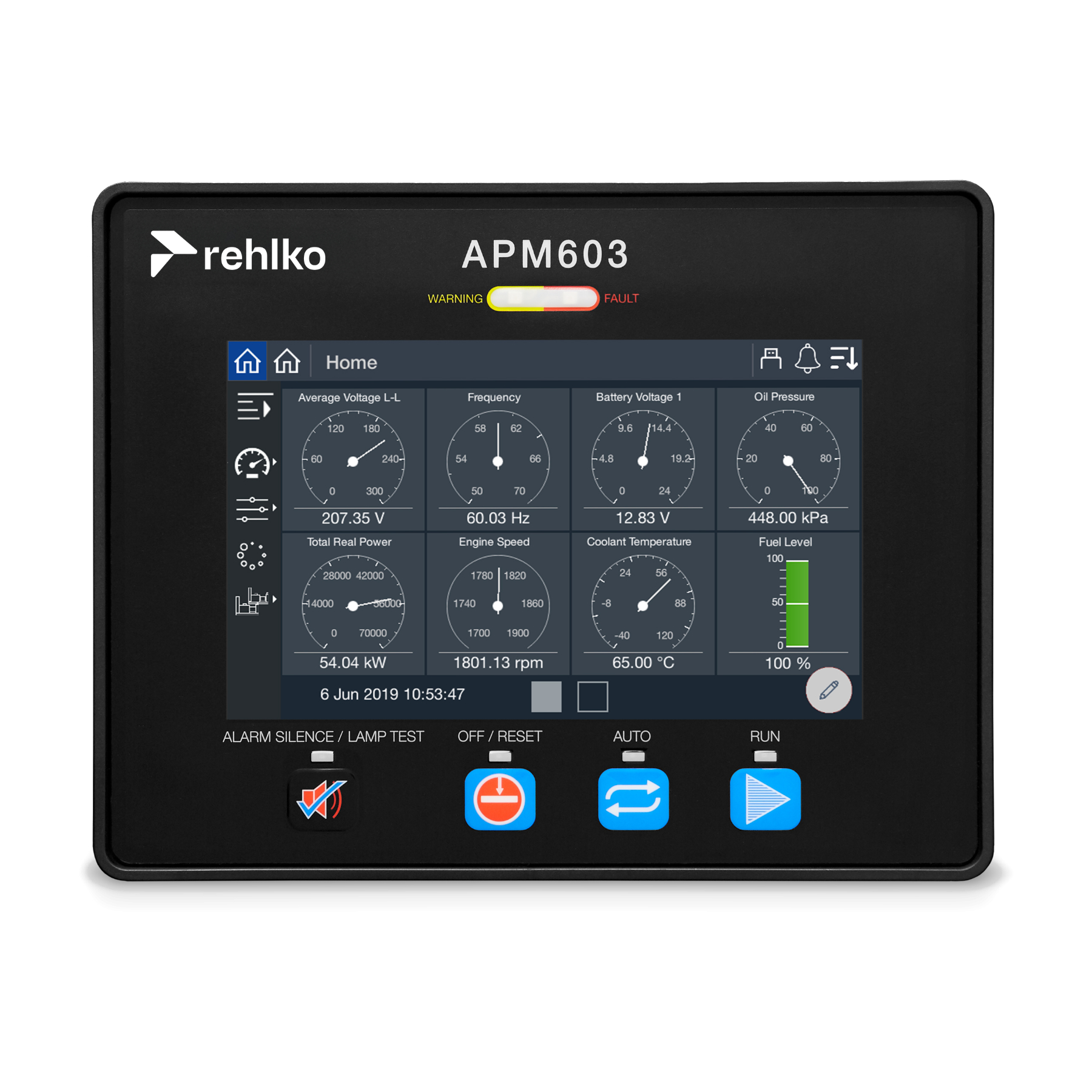 Rehlko APM 603 black controller featuring the Rehlko logo and printed configuration details.