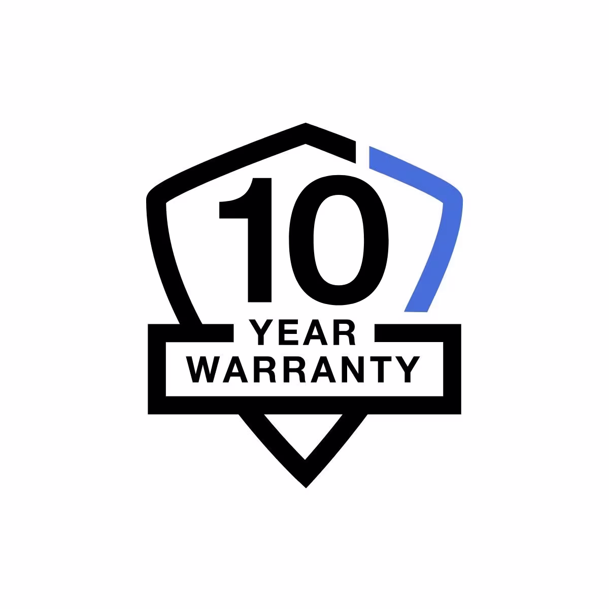 Black and Blue graphic shield-shaped logo with 10 Year Warranty written in the center.