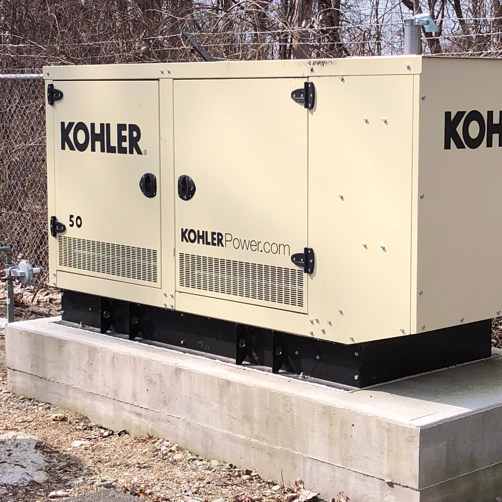 Rehlko gas generator positioned outdoors on a concrete platform, surrounded by fallen leaves and trees with autumn foliage in a fall weather setting.