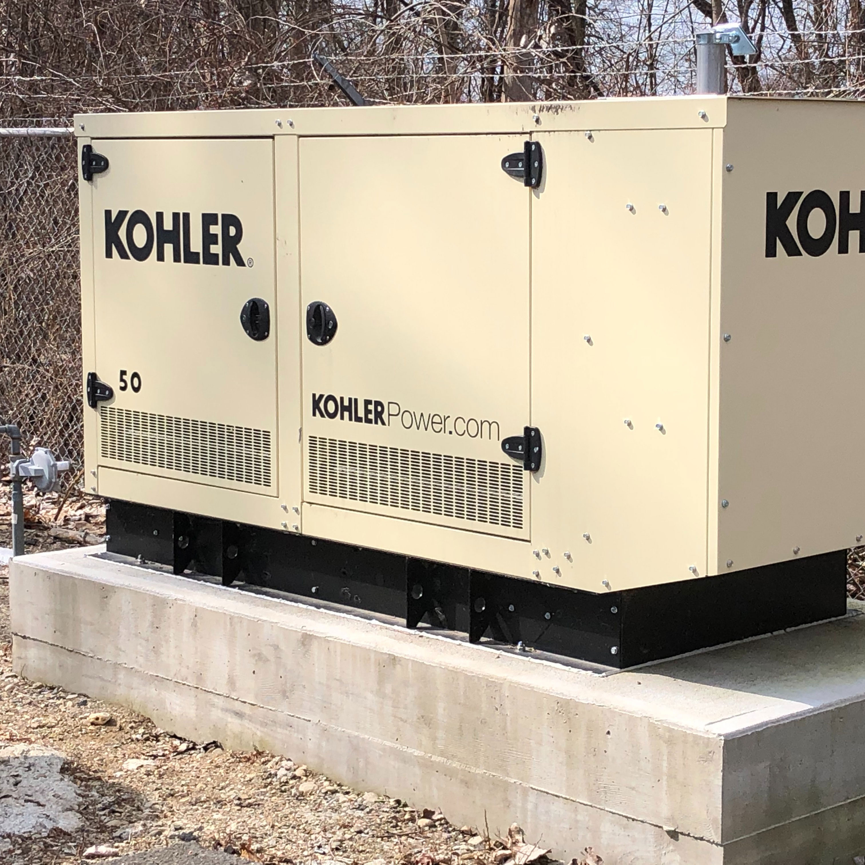 Rehlko gas generator positioned outdoors on a concrete platform, surrounded by fallen leaves and trees with autumn foliage in a fall weather setting.
