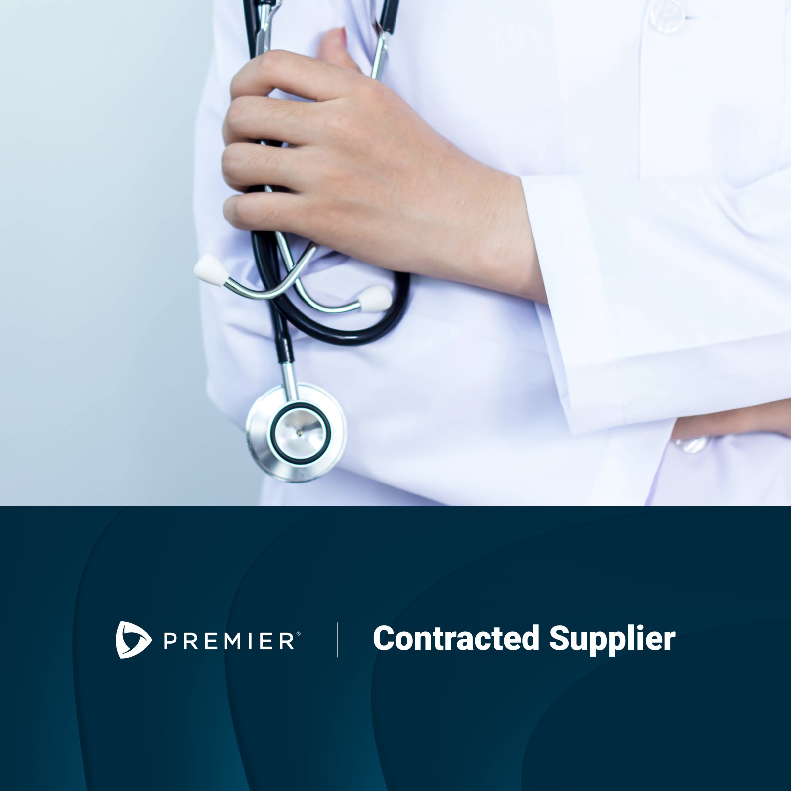 Thumbnail for the Premier Inc. healthcare company with the close up image of a doctor's hand with a stethoscope and the logo of Premier.