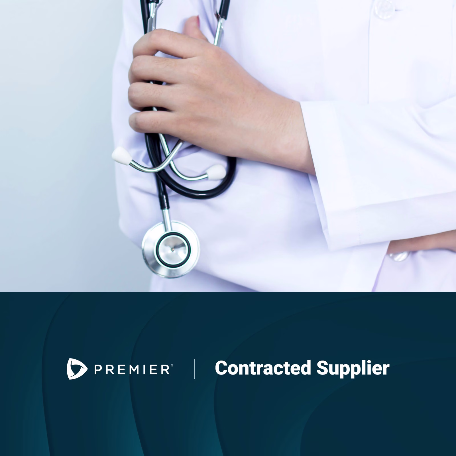 Thumbnail for the Premier Inc. healthcare company with the close up image of a doctor's hand with a stethoscope and the logo of Premier.