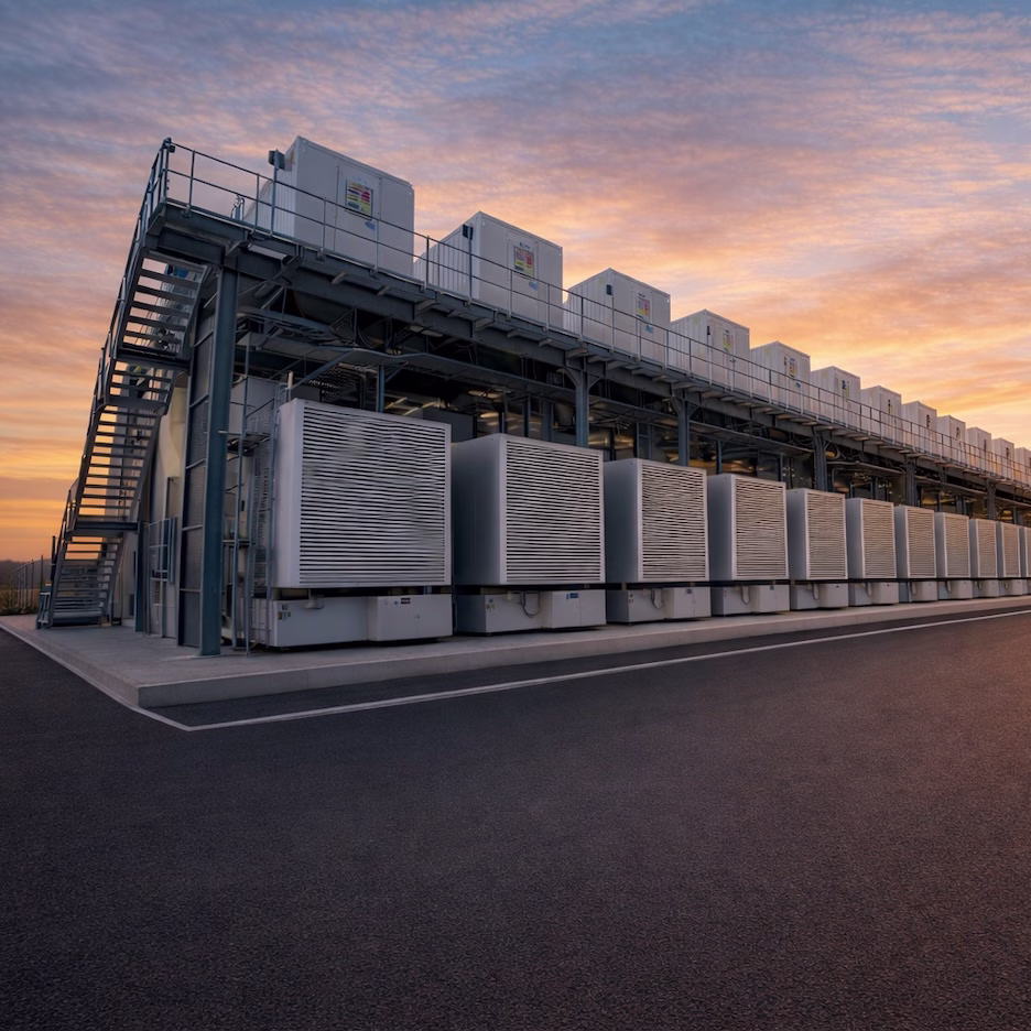 Large-scale industrial battery energy storage system with multiple white battery and cooling units arranged in rows beneath an elevated metal platform, photographed at sunset with a colorful sky in the background.