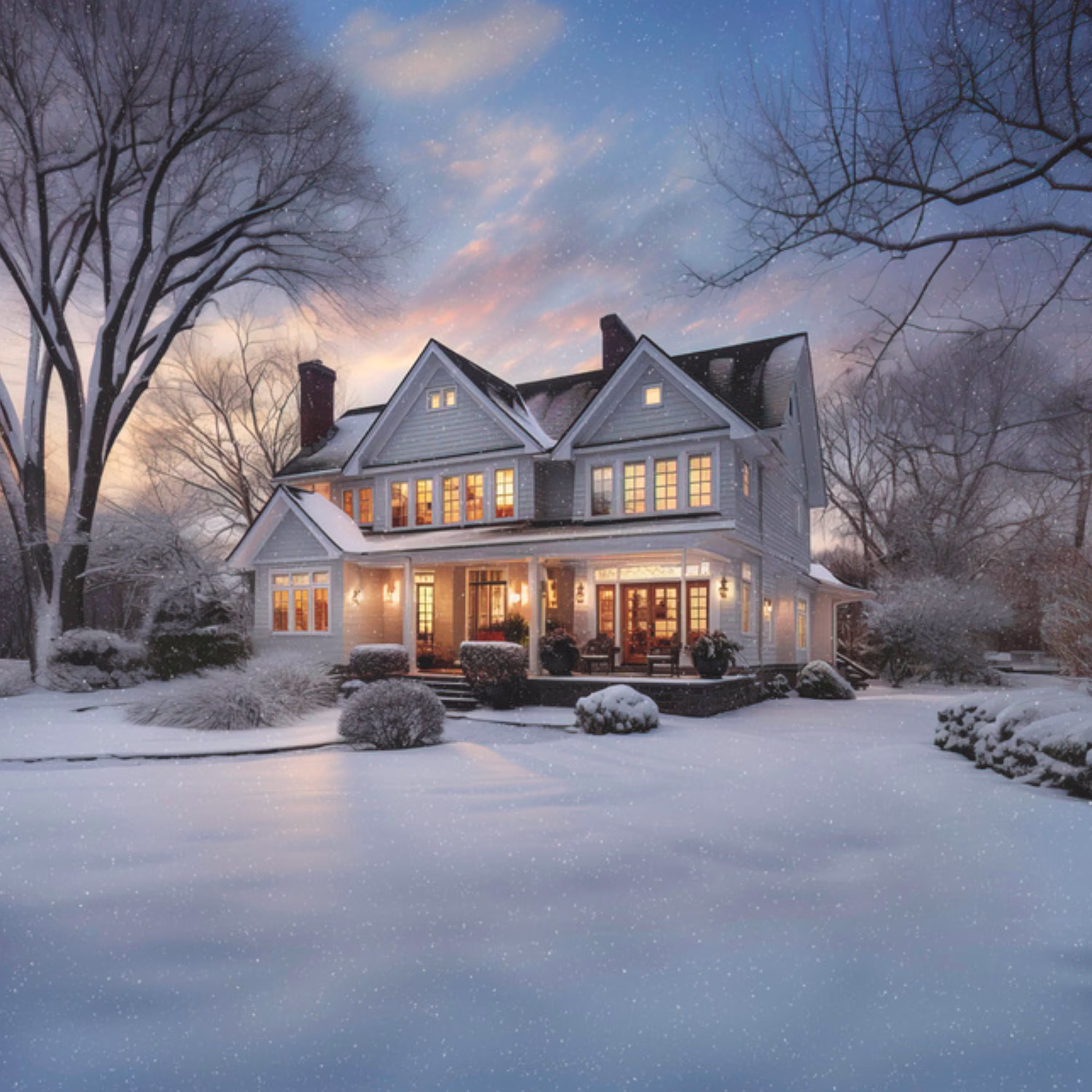 White house in a snowy landscape during sunset with its lights on. Home Generator outside.