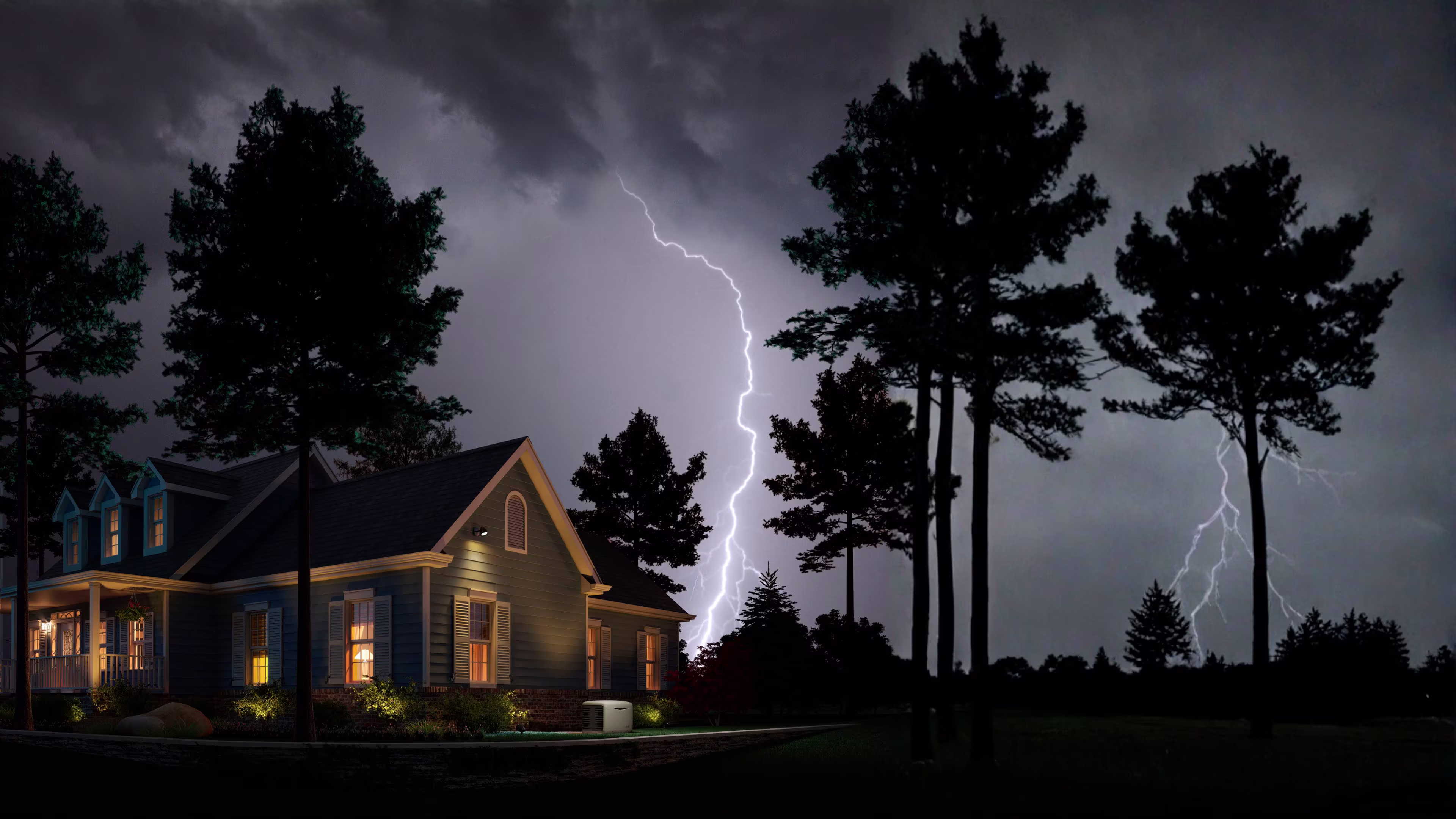 House among trees on a storm with lightnings