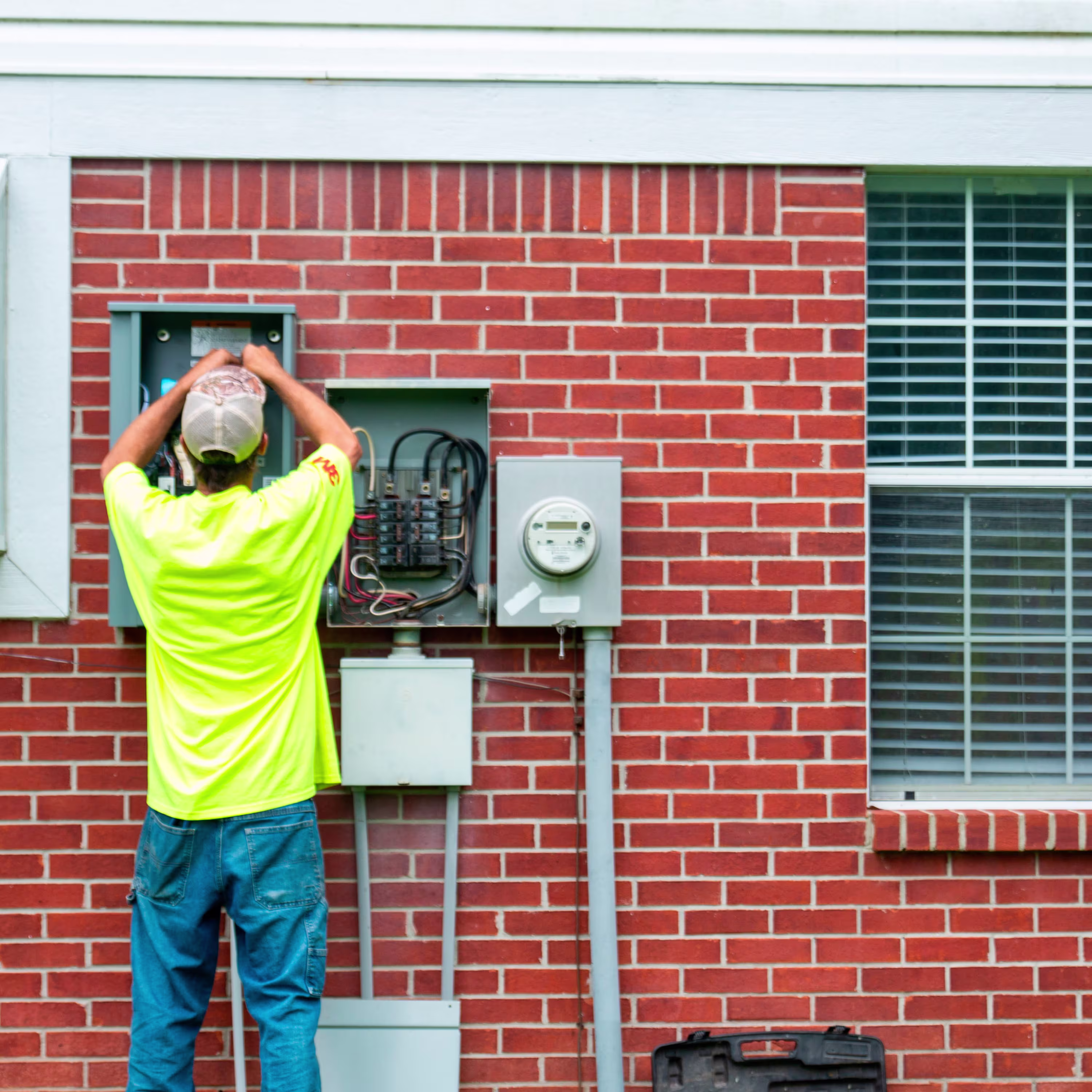 Man repairing installation on a brick wall
