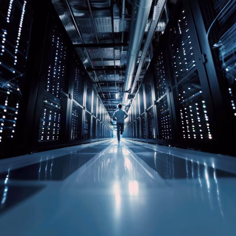 Man running in data center - The world runs on data, and that data depends on always-on infrastructure. That’s why Rehlko’s mission is keep your business running, no matter what.