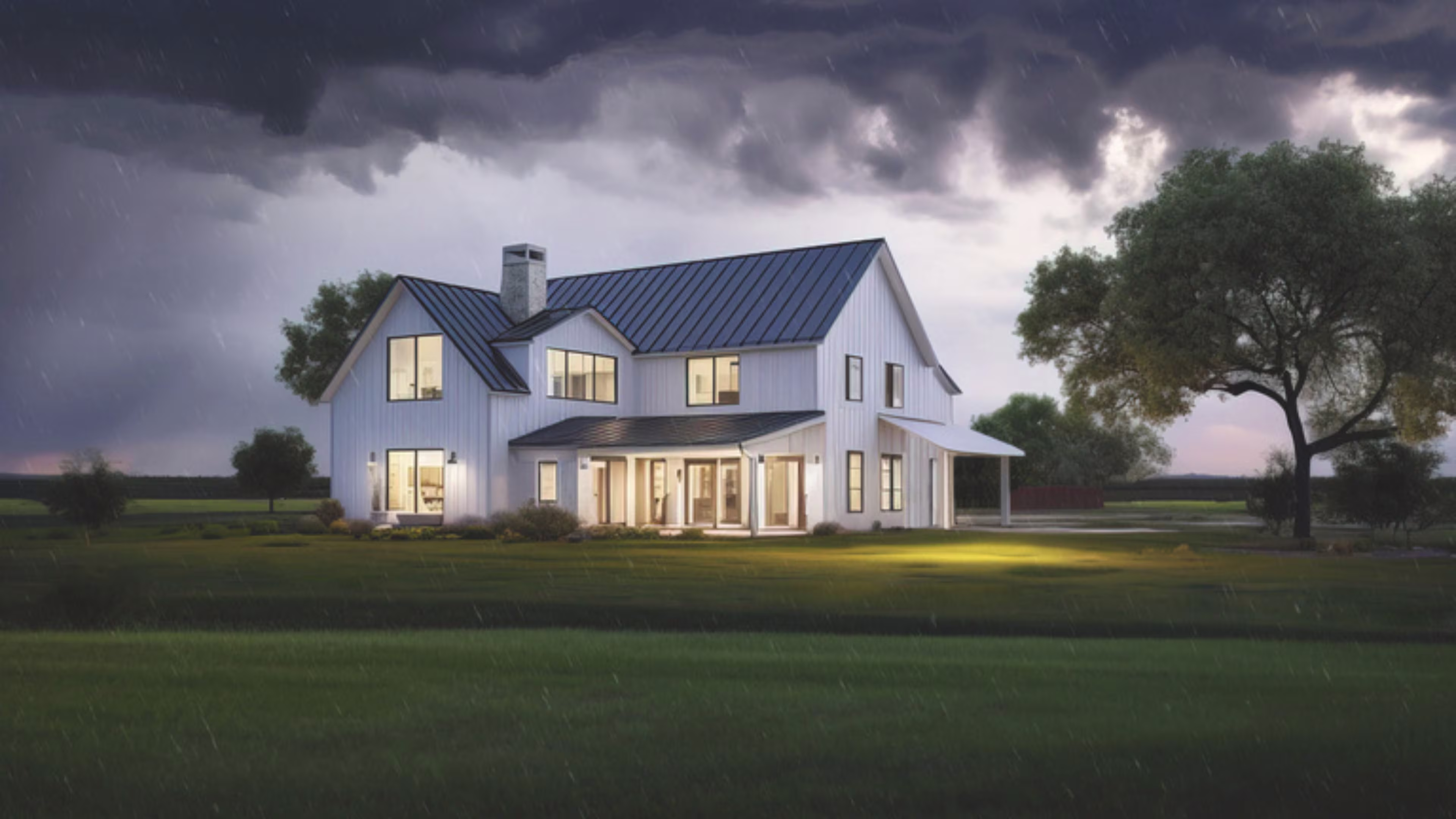 House with its lights on, on a green yard with heavy clouds in the sky.